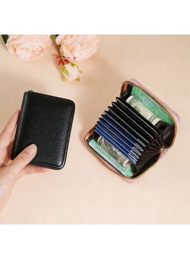 Leather Card Holder - 11 Slots Zipper Accordion Card Wallet RFID, Slim Portable for Men Women - Image 1